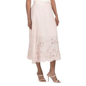 Elie Tahari Midi Skirt Blush Pink Floral Eyelet Trim Linen Blend A-Line Pastel